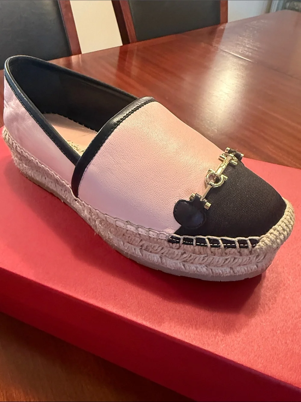Salvatore Ferragamo Pink and black Leather Espadrilles with Gancini Trim